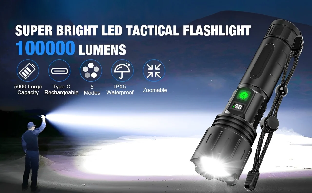 Extremely Bright LED Flashlight Long Beam and Rechargeable Battery - Image 1
